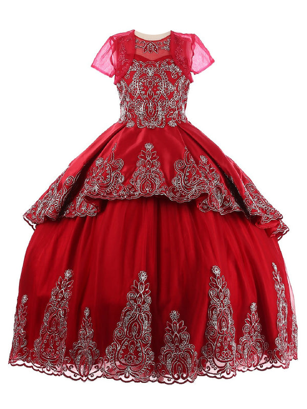 Little Girls Burgundy Metallic Coiled Embroidered Stone Flower Girl Dress 2-6 - SophiasStyle.com